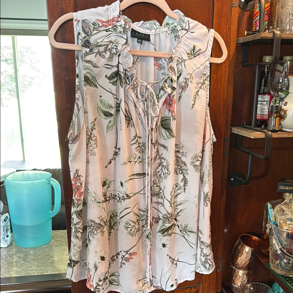 Cameo Pink and Gray Ruffled Blouse with Tie Front